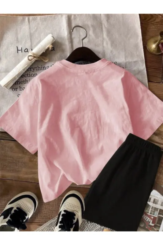 Girl Kids Pink-Black Strawberry Printed Knitted Shorts T-Shirt Set-Pink - 2