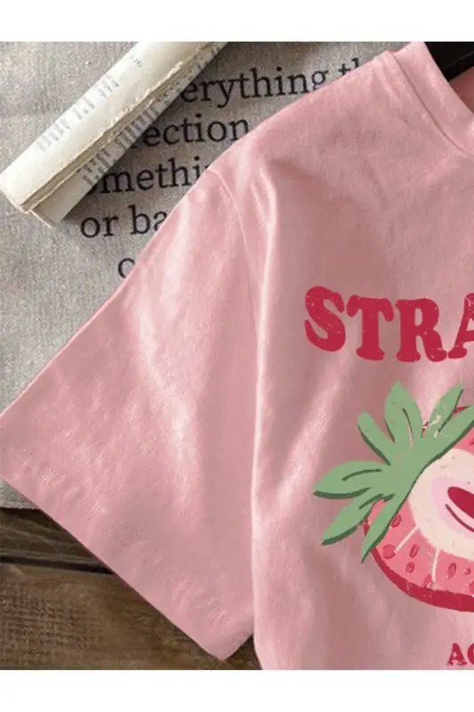 Girl Kids Pink-Black Strawberry Printed Knitted Shorts T-Shirt Set-Pink - 3