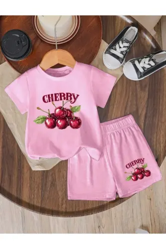Girl Kids Pink Shorts-T-shirt Cherry Printed Knitted Set-Pink 