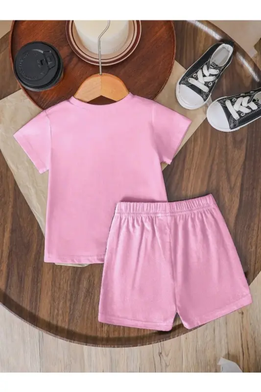Girl Kids Pink Shorts-T-shirt Cherry Printed Knitted Set-Pink - 2