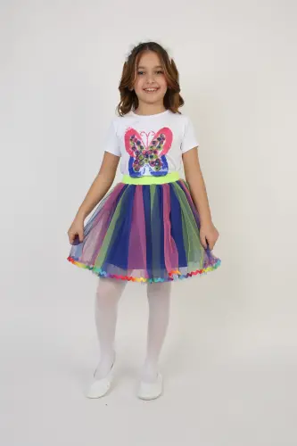 Girl Kids Rainbow Butterfly Detail T-Shirt Skirt Set April 23 October 29 Show Outfit-Multicolor - 1