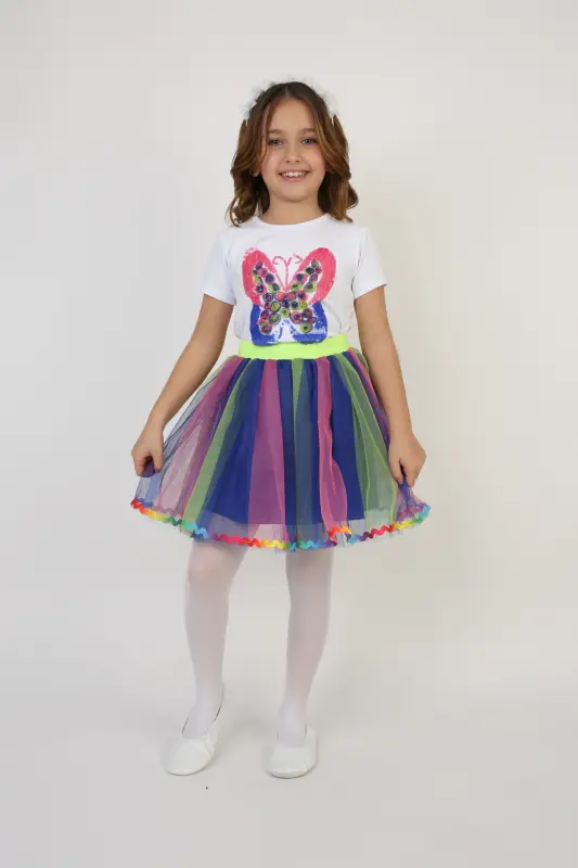 Girl Kids Rainbow Butterfly Detail T-Shirt Skirt Set April 23 October 29 Show Outfit-Multicolor - 1