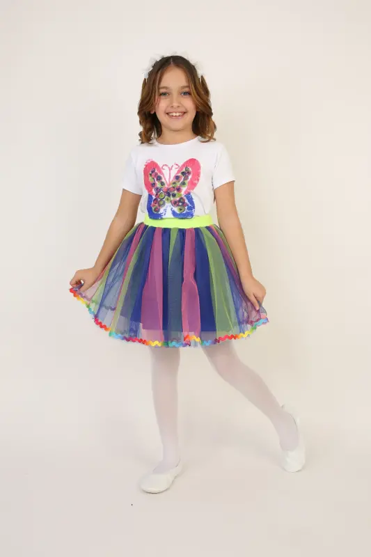 Girl Kids Rainbow Butterfly Detail T-Shirt Skirt Set April 23 October 29 Show Outfit-Multicolor - 3
