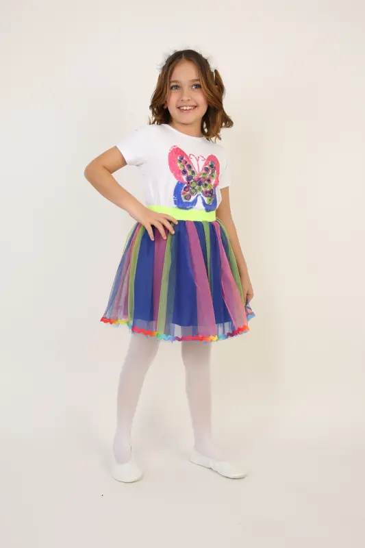 Girl Kids Rainbow Butterfly Detail T-Shirt Skirt Set April 23 October 29 Show Outfit-Multicolor - 4