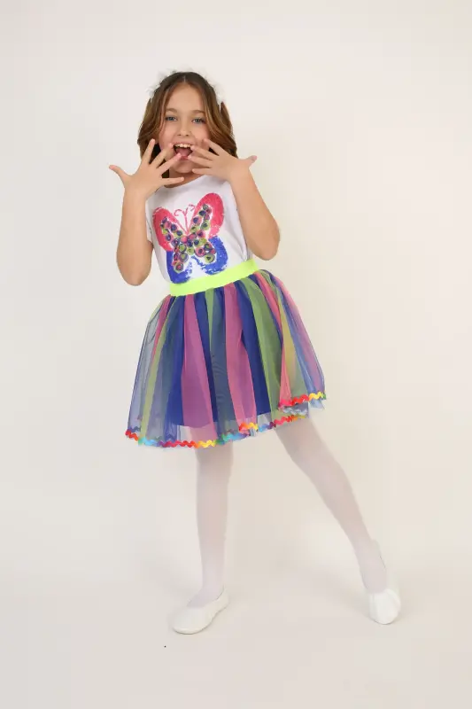 Girl Kids Rainbow Butterfly Detail T-Shirt Skirt Set April 23 October 29 Show Outfit-Multicolor - 5