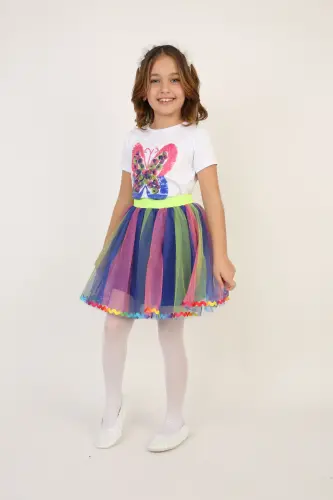 Girl Kids Rainbow Butterfly Detail T-Shirt Skirt Set April 23 October 29 Show Outfit-Multicolor - 6