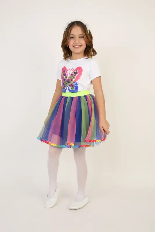 Girl Kids Rainbow Butterfly Detail T-Shirt Skirt Set April 23 October 29 Show Outfit-Multicolor - 6