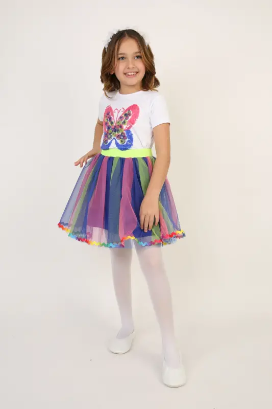 Girl Kids Rainbow Butterfly Detail T-Shirt Skirt Set April 23 October 29 Show Outfit-Multicolor - 7