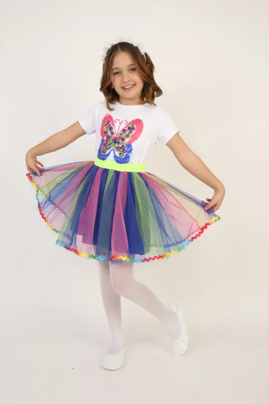 Girl Kids Rainbow Butterfly Detail T-Shirt Skirt Set April 23 October 29 Show Outfit-Multicolor - 8