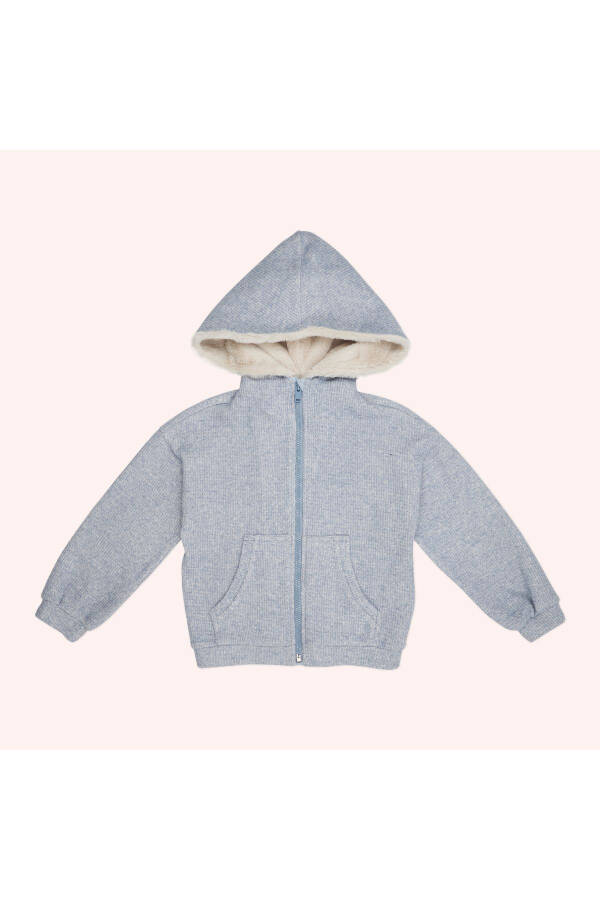 Girl Kids Soft Textured Zippered Blue Sweatshirt - 3