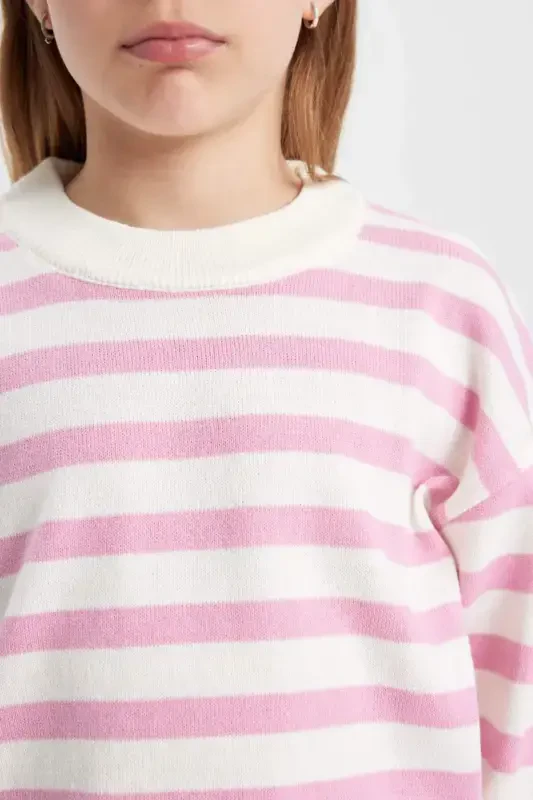 Girl Kids Standard Fit Crew Neck Striped Knitted Sweater C6903A824AU-Pink - DEFACTO