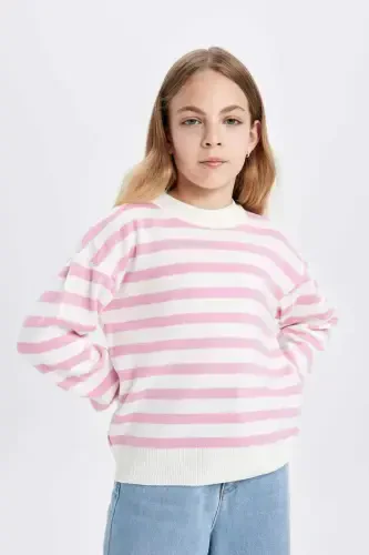 Girl Kids Standard Fit Crew Neck Striped Knitted Sweater C6903A824AU-Pink - 3
