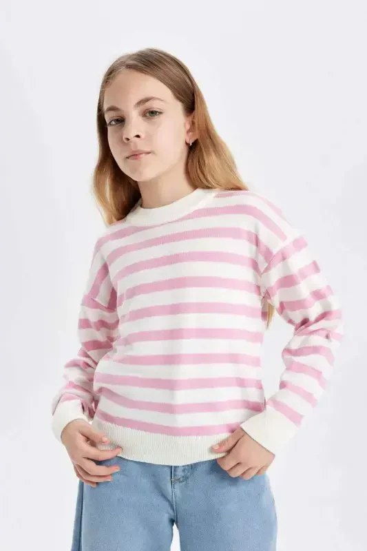 Girl Kids Standard Fit Crew Neck Striped Knitted Sweater C6903A824AU-Pink - 5