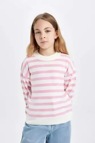 Girl Kids Standard Fit Crew Neck Striped Knitted Sweater C6903A824AU-Pink - 6