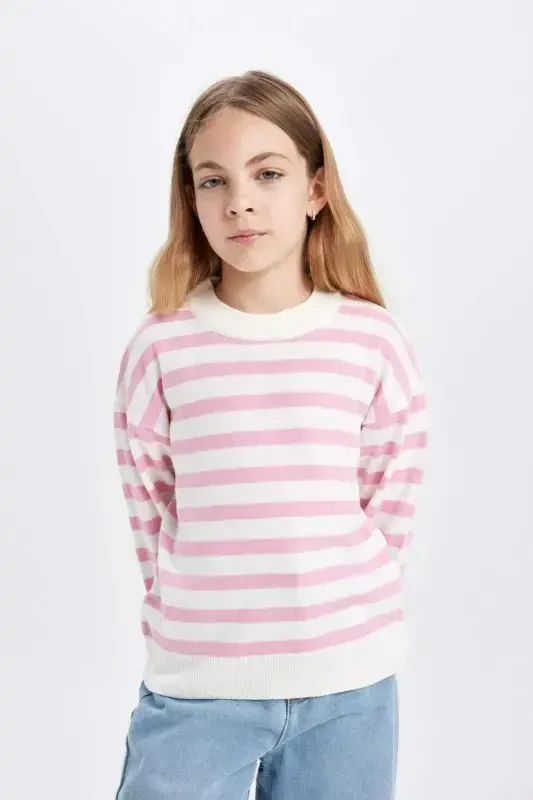 Girl Kids Standard Fit Crew Neck Striped Knitted Sweater C6903A824AU-Pink - 6