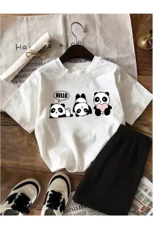 Girl Kids White-Black Hello Pandas Printed Jersey Shorts T-Shirt Set-Whitezzz - 1