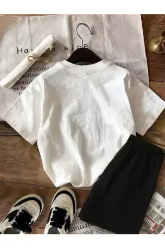 Girl Kids White-Black Hello Pandas Printed Jersey Shorts T-Shirt Set-Whitezzz - LOUİSA (1)