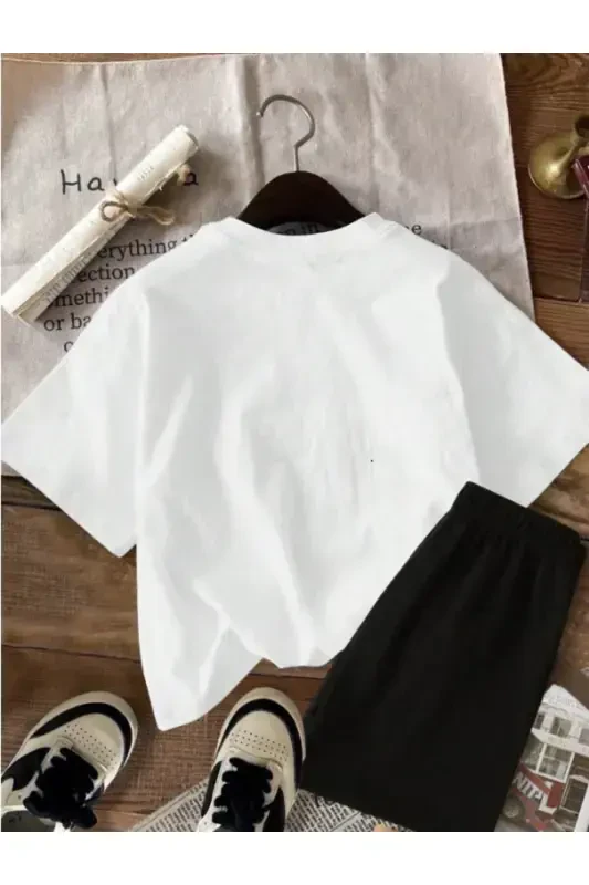 Girl Kids White-Black Strawberry Printed Jersey Shorts T-Shirt Set-White1Black1 - 2