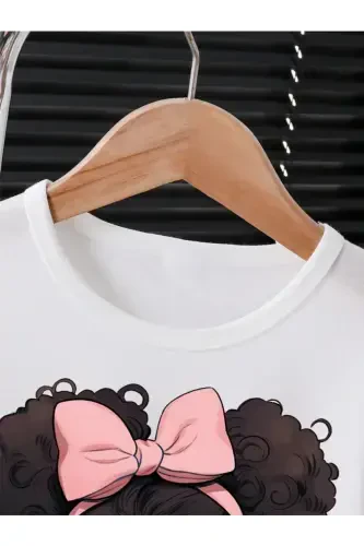 Girl Kids White-Pink Beautiful Girl Printed Shorts T-Shirt Set-White - 1