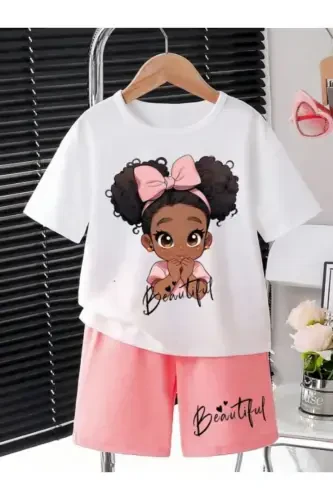 Girl Kids White-Pink Beautiful Girl Printed Shorts T-Shirt Set-White - LOUİSA (1)