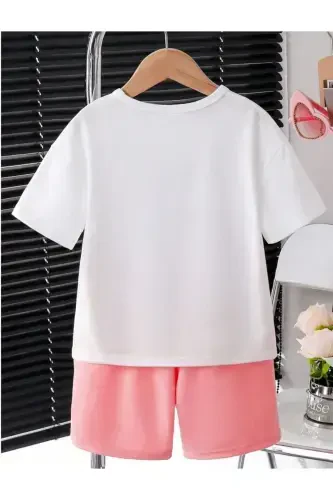 Girl Kids White-Pink Beautiful Girl Printed Shorts T-Shirt Set-White - 3