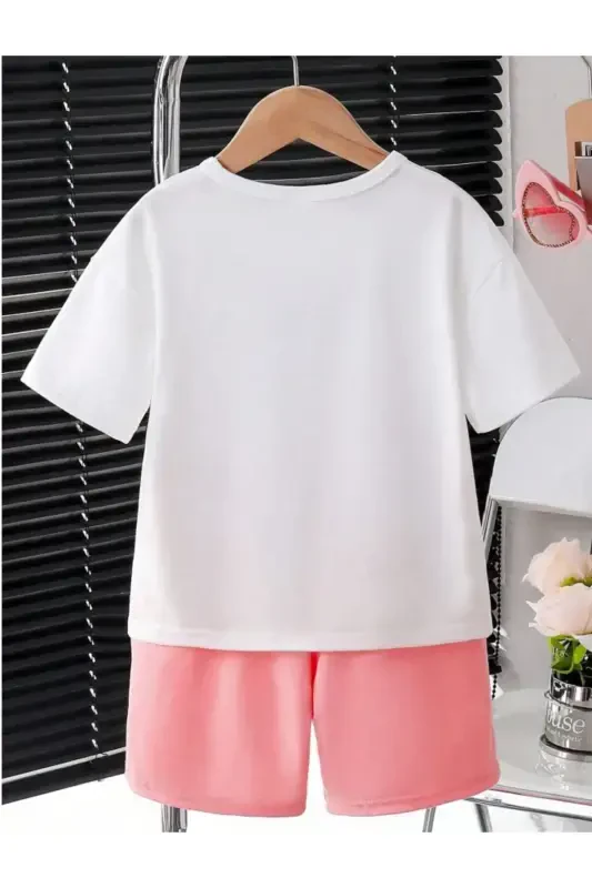 Girl Kids White-Pink Beautiful Girl Printed Shorts T-Shirt Set-White - 3