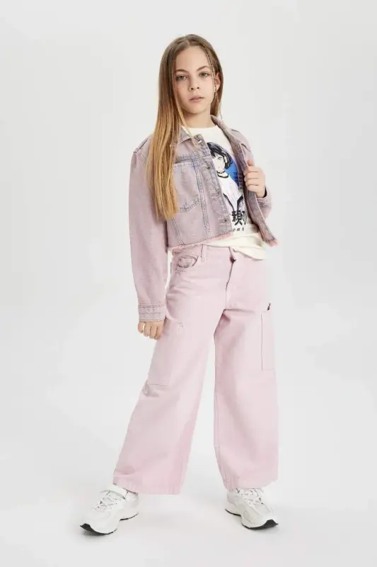 Girl Kids Wide Leg Cargo Jeans-Pink - 4