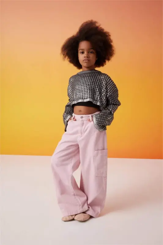 Girl Kids Wide Leg Cargo Jeans-Pink - 7