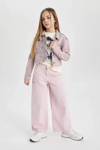 Girl Kids Wide Leg Cargo Jeans-Pink - DEFACTO (1)