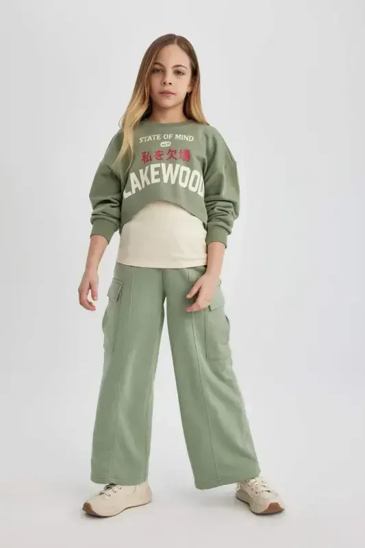 Girl Kids Wide Leg Loose Cargo Sweatpants B6402a824sp-Green - 3
