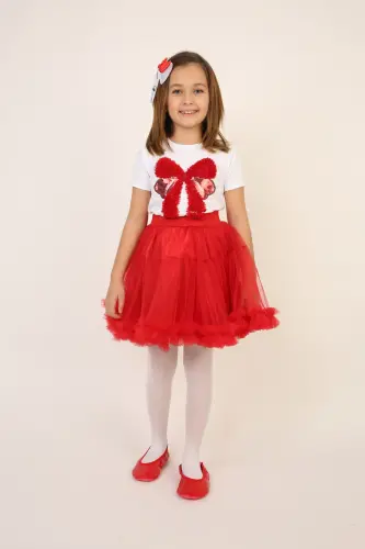 Girl Red Bow Detail T-Shirt Red Skirt Suit April 23 October 29 Show Outfit-Red Red5 - 1