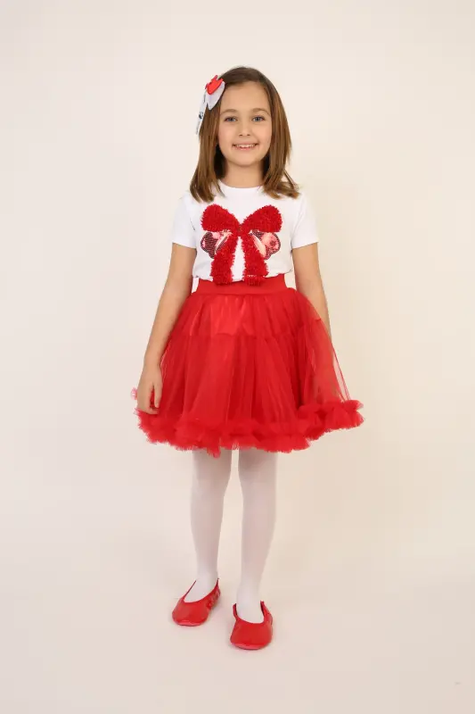 Girl Red Bow Detail T-Shirt Red Skirt Suit April 23 October 29 Show Outfit-Red Red5 - AMAZON EV