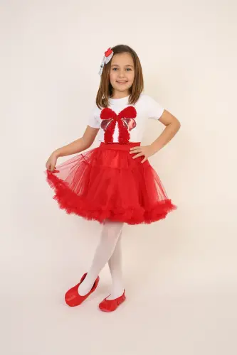 Girl Red Bow Detail T-Shirt Red Skirt Suit April 23 October 29 Show Outfit-Red Red5 - AMAZON EV (1)