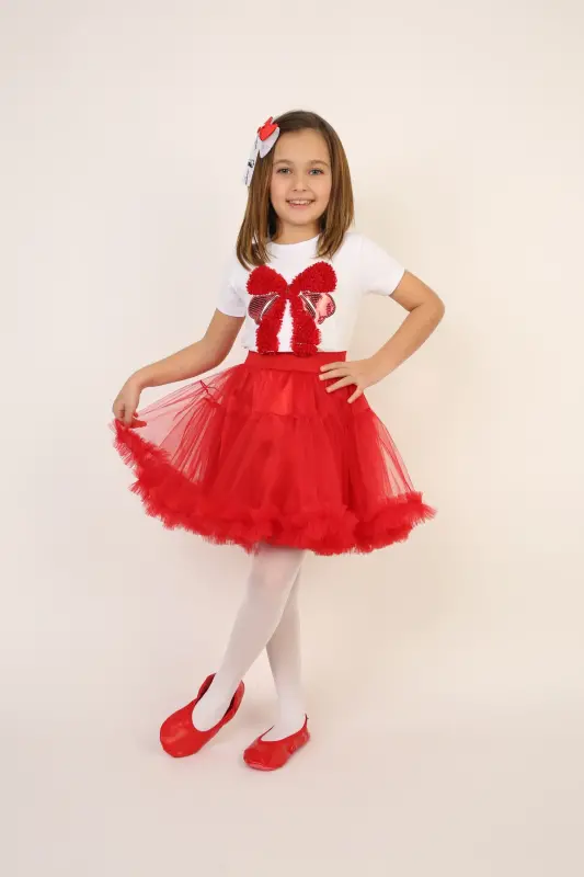 Girl Red Bow Detail T-Shirt Red Skirt Suit April 23 October 29 Show Outfit-Red Red5 - 2