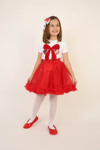 Girl Red Bow Detail T-Shirt Red Skirt Suit April 23 October 29 Show Outfit-Red Red5 - 3