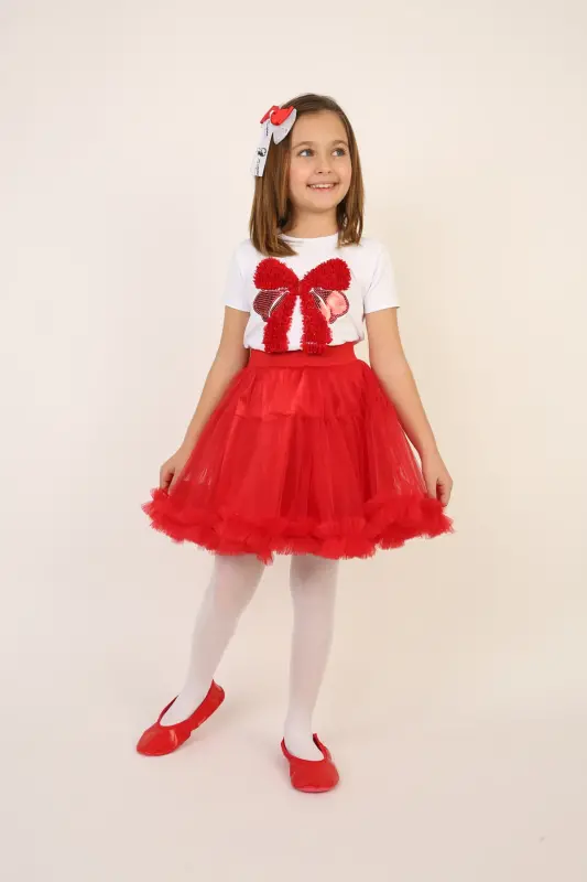 Girl Red Bow Detail T-Shirt Red Skirt Suit April 23 October 29 Show Outfit-Red Red5 - 3