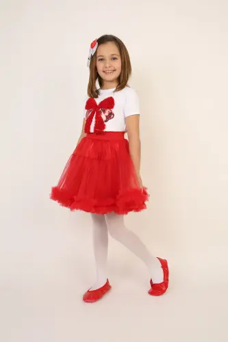 Girl Red Bow Detail T-Shirt Red Skirt Suit April 23 October 29 Show Outfit-Red Red5 - 4