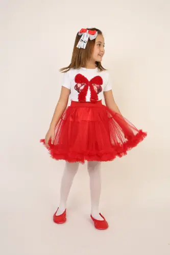 Girl Red Bow Detail T-Shirt Red Skirt Suit April 23 October 29 Show Outfit-Red Red5 - 6