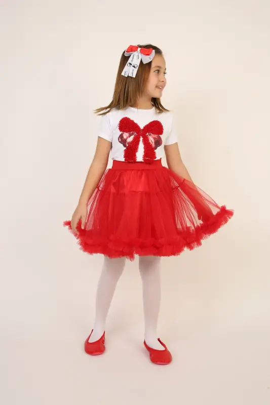 Girl Red Bow Detail T-Shirt Red Skirt Suit April 23 October 29 Show Outfit-Red Red5 - 6