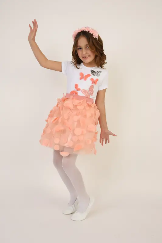 Girl Salmon Color Butterfly Detailed T-Shirt Leafy Skirt Suit April 23 October 29 Show Outfit nb-Salmon Salmon - 2
