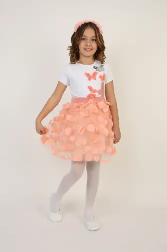 Girl Salmon Color Butterfly Detailed T-Shirt Leafy Skirt Suit April 23 October 29 Show Outfit nb-Salmon Salmon - 4