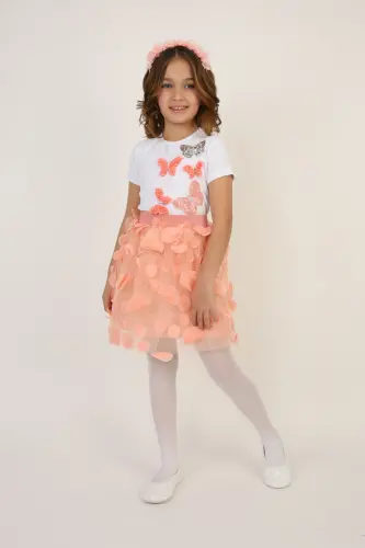 Girl Salmon Color Butterfly Detailed T-Shirt Leafy Skirt Suit April 23 October 29 Show Outfit nb-Salmon Salmon - 5
