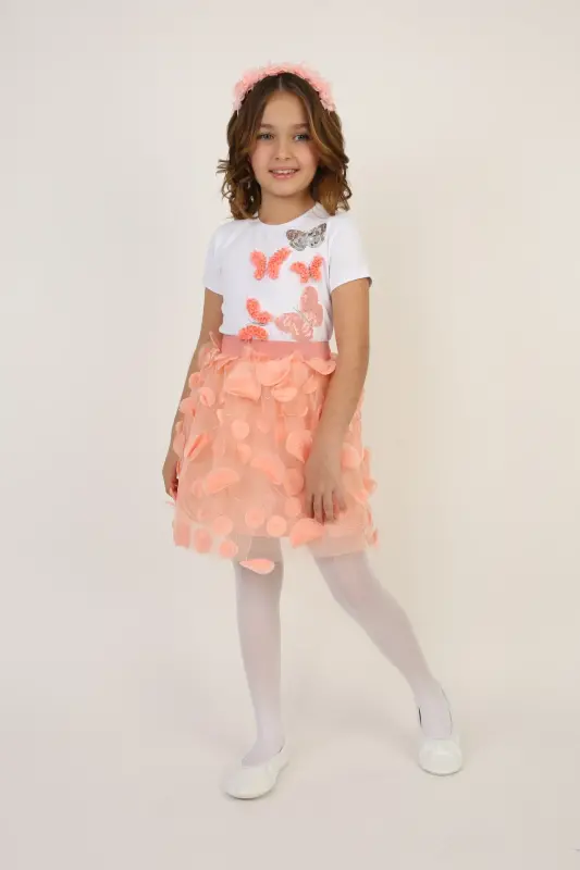 Girl Salmon Color Butterfly Detailed T-Shirt Leafy Skirt Suit April 23 October 29 Show Outfit nb-Salmon Salmon - 5