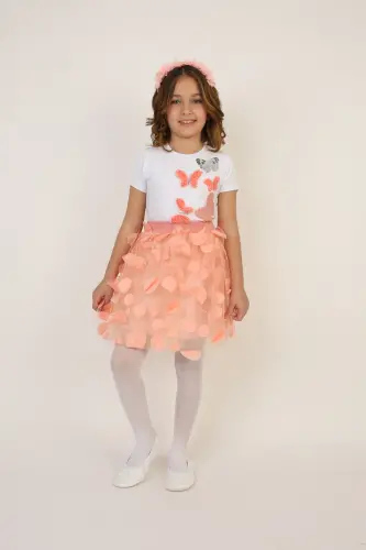 Girl Salmon Color Butterfly Detailed T-Shirt Leafy Skirt Suit April 23 October 29 Show Outfit nb-Salmon Salmon - 6