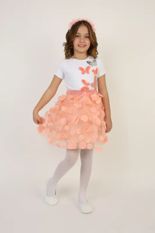 Girl Salmon Color Butterfly Detailed T-Shirt Leafy Skirt Suit April 23 October 29 Show Outfit nb-Salmon Salmon - 4