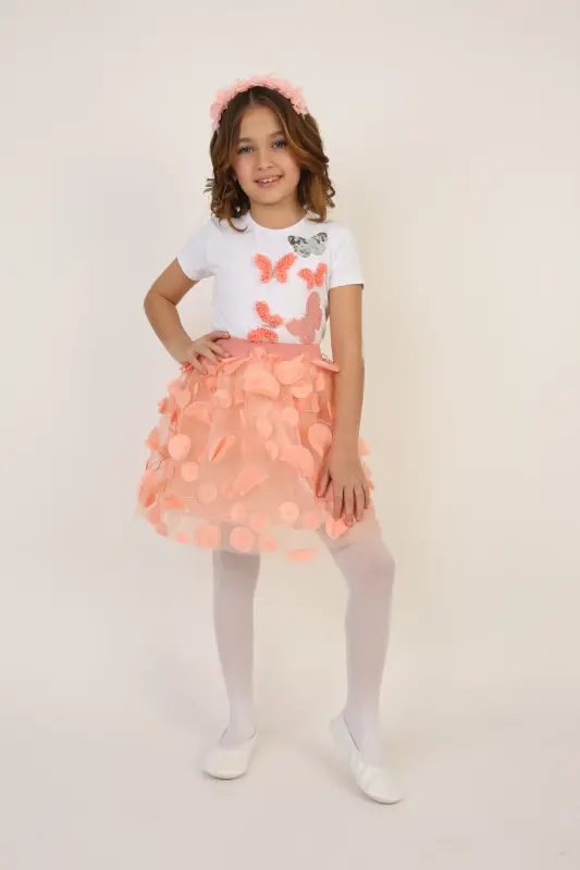 Girl Salmon Color Butterfly Detailed T-Shirt Leafy Skirt Suit April 23 October 29 Show Outfit nb-Salmon Salmon - 1