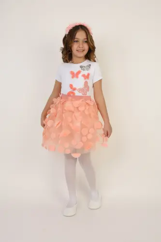 Girl Salmon Color Butterfly Detailed T-Shirt Leafy Skirt Suit April 23 October 29 Show Outfit nb-Salmon Salmon - 3