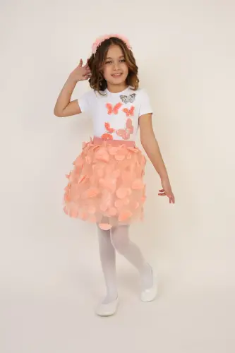 Girl Salmon Color Butterfly Detailed T-Shirt Leafy Skirt Suit April 23 October 29 Show Outfit nb-Salmon Salmon - 8