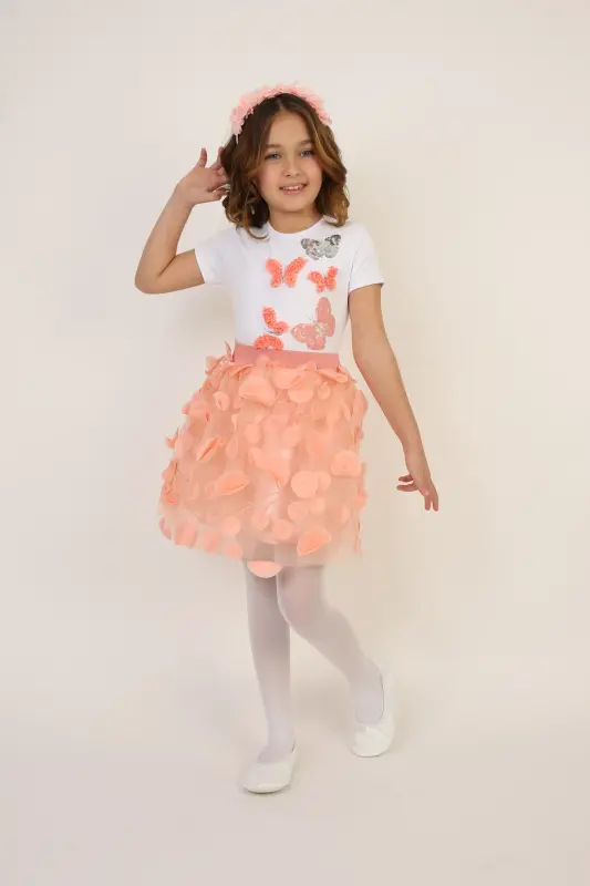 Girl Salmon Color Butterfly Detailed T-Shirt Leafy Skirt Suit April 23 October 29 Show Outfit nb-Salmon Salmon - 8