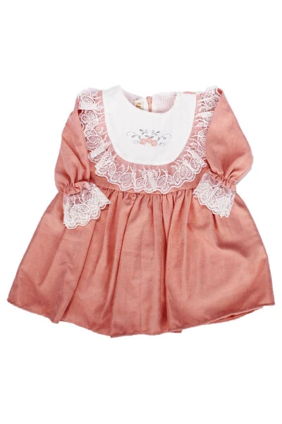 Girl Salmon Ruffle Rose Embroidered V-neck Back - BY BEBEKODAM